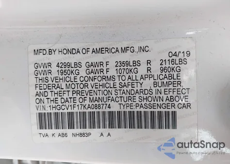 2019 Honda Accord Lx from USA, damaged, VIN 1HGCV1F17KA088774